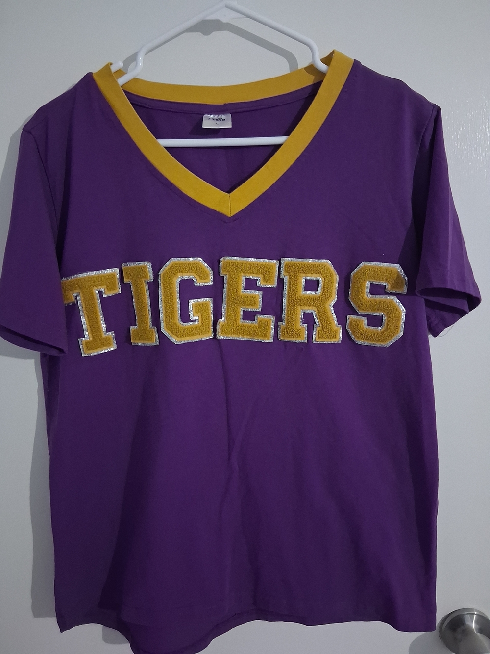 Women's Purple V-Neck 'Tigers' Short Sleeve Tee with Gold Trim